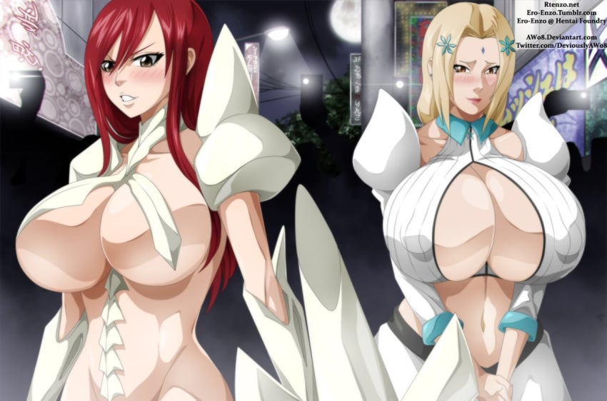 2girls arrancar big_breasts bleach blonde_hair blush breasts breasts_bigger_than_head brown_eyes busty cleavage clenched_teeth cosplay crossover curvaceous curvy ero-enzo erza_scarlet espada espada_uniform fairy_tail female female_only hourglass_figure huge_breasts inoue_orihime inoue_orihime_(cosplay) large_breasts long_hair milf multiple_girls naruto navel red_hair rtenzo shounen_jump smile teeth tia_harribel tia_harribel_(cosplay) tsunade voluptuous wide_hips