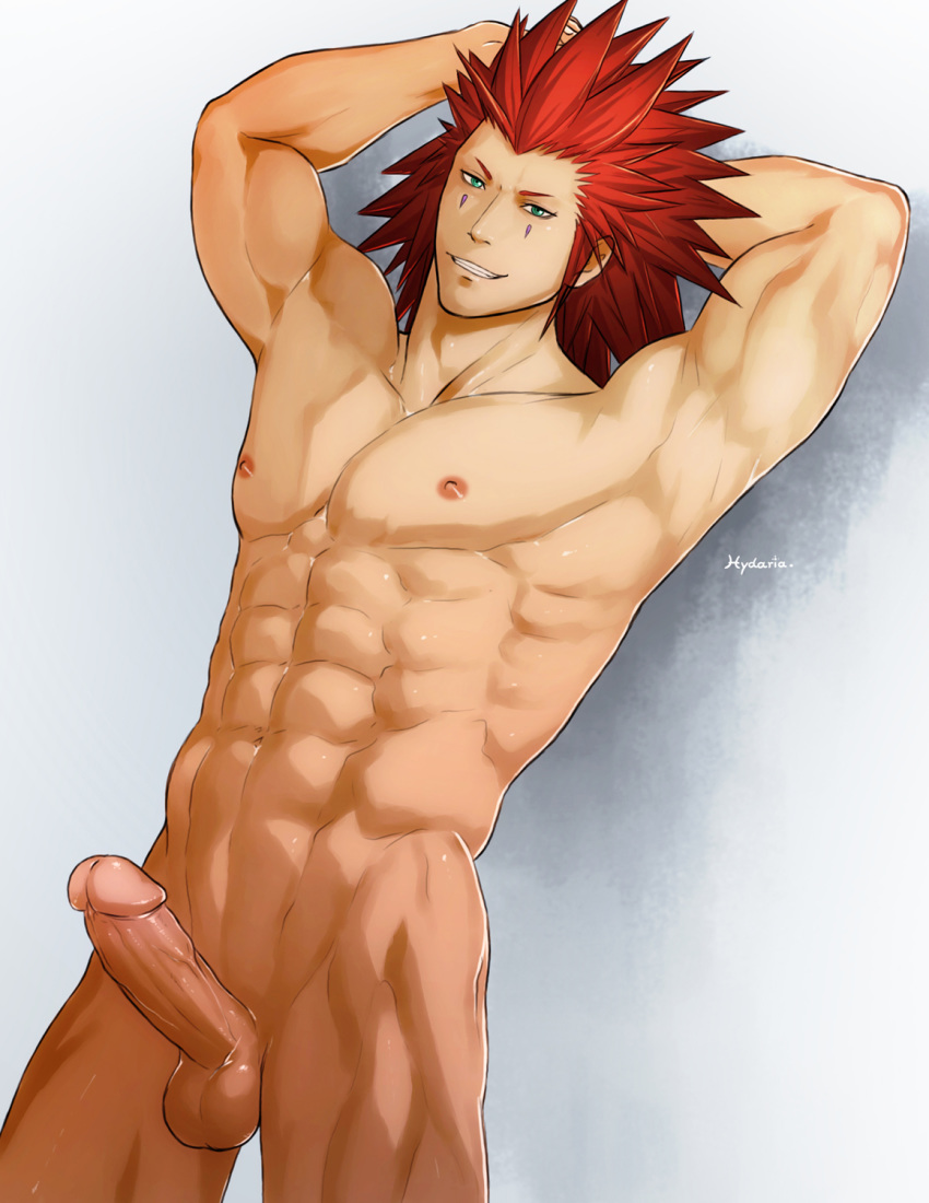 1boy abs against_wall axel_(kingdom_hearts) erection hydaria kingdom_hearts male male_only muscle naughty_face nobody_(kingdom_hearts) pecs penis red_hair smile solo teeth testicles uncensored