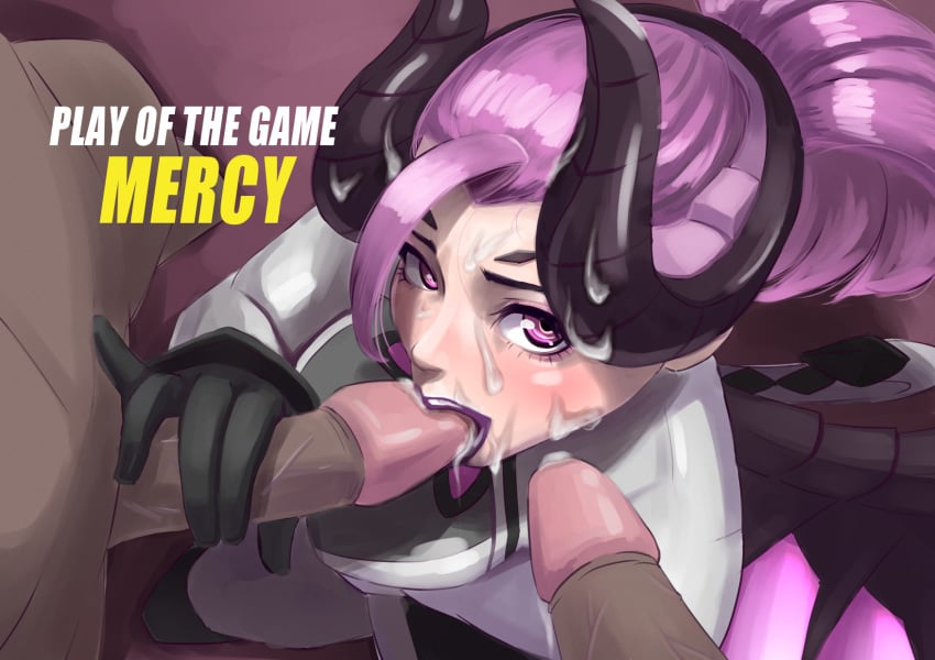 2boys alternate_costume atatatamu blizzard_entertainment cum cum_on_face cumshot devil ejaculation erection facial fellatio female hair horns imp imp_mercy looking_at_viewer male mercy multiple_boys oral overwatch penis pink_hair play_of_the_game purple_hair uncensored