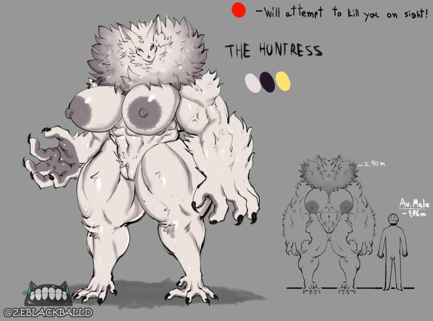 5_fingers areola balls big_breasts biped breasts claws color_swatch dipstick_ears english_text female fingers fur genitals grey_background hi_res human humanoid larger_female larger_humanoid male mammal model_sheet multicolored_ears muscular muscular_female muscular_humanoid nipples original original_character penis pussy reference_sheet remake simple_background size_difference smaller_human smaller_male text the_huntress_(zeblackballd) thick_thighs vein veiny_muscles ze_blackball.d zeblackballd_(artist)