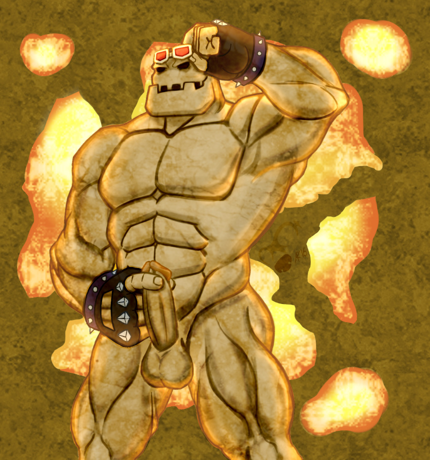 2016 abs anso/rez armpits balls biceps clothing erection eyewear fingerless_gloves gloves goggle_golem goggles golem holding_penis humanoid looking_at_viewer male male_only mineral muscular nude pecs penis rock solo yu-gi-oh!