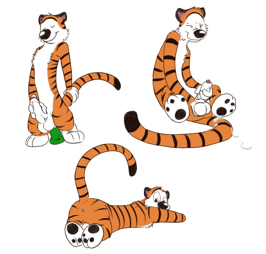 1boy anal anal_masturbation anal_sex anthro anus ass ball_fondling balls calvin_and_hobbes closed_eyes cum cum_drip cum_on_tail dildo dildo_sitting dripping erection feline flat_colors fondling front_view hobbes holding_tail humanoid_penis legs_up looking_at_viewer looking_back looking_pleasured lying male male_only mammal masturbation multiple_images multiple_poses on_front partially_retracted_foreskin penetration penile_masturbation penis pose raised_tail rear_view reclining sex_toy skunkjunkie smile solo tiger uncut white_background