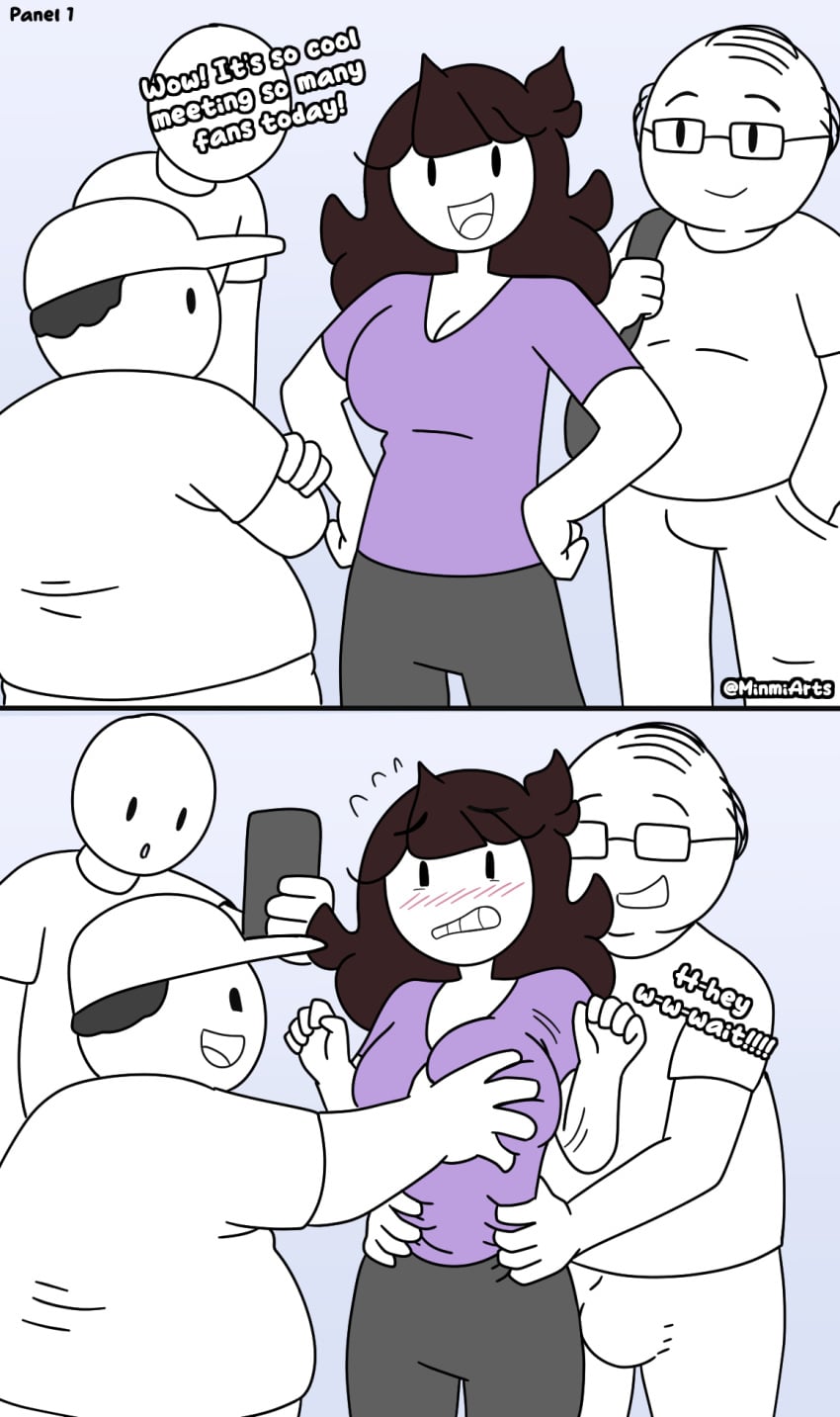 1girls 2koma blush brown_hair cleavage cleavage_cutout fat_male glasses groping groping_breasts groping_from_behind hands_on_hips happy imminent_rape jaiden jaiden_animations jaidenanimations minmiarts multiple_boys sexual_assault sexual_harassment shirt speech_bubble ugly_bastard white_skin worried worried_expression