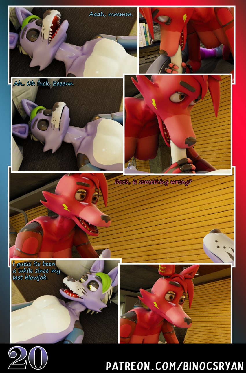 3d_(artwork) accessory animatronic anthro balls big_breasts blender_(artwork) blender_cycles_(artwork) breasts canid canine canis comic digital_media_(artwork) duo ear_piercing english_text erection fan_character fanmade_glamrock_foxy_(fnaf) female five_nights_at_freddy's five_nights_at_freddy's:_security_breach fox genitals glamrock_foxy_(fnaf) glans hair hi_res humanoid_genitalia humanoid_penis licking machine male male/female mammal nipples nude open_mouth oral penile penis penis_lick piercing profanity robot roxanne_wolf scottgames sex simple_background steel_wool_studios tail teeth text tongue url wolf