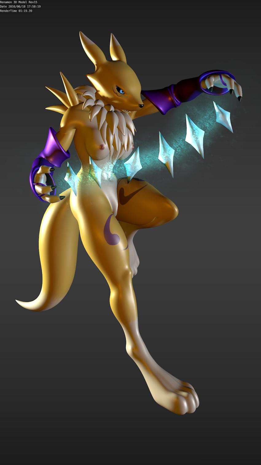 3d anthro breasts darien digimon female grey_background renamon simple_background solo