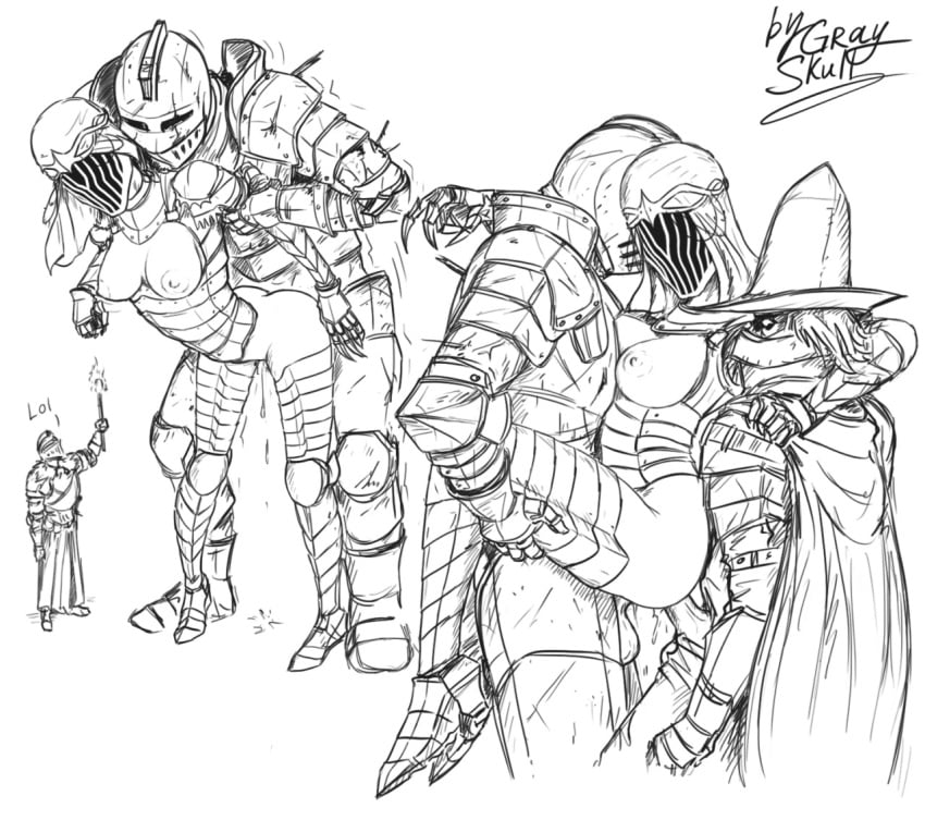 abyss_watchers anal anal_sex armor black_and_white breasts cape clothes dancer_of_the_boreal_valley dark_souls dark_souls_3 double_penetration female from_behind_position gray_skull group group_sex hat headgear helmet human humanoid knight larger_female larger_male male mammal monochrome nipples penetration sex size_difference smaller_female smaller_male straight threesome torch vaginal_penetration video_games