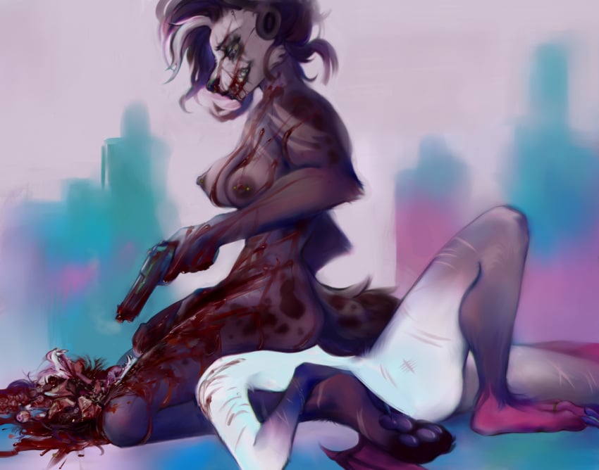 5_fingers american_opossum anthro areola arm_scar barbell_piercing bared_teeth biped blood blood_on_breasts blood_on_face blood_on_ground blood_on_hand blood_on_legs blood_on_penis bodily_fluids brain_matter brown_body brown_fur chest_scar death digital_media_(artwork) digital_painting_(artwork) duo ebamick erection eyeball female female_anthro female_on_bottom fingers fur futanari genitals gore gun guro gynomorph gynomorph/female gynomorph_anthro gynomorph_on_top hair handgun hi_res holding_gun holding_object holding_own_penis holding_penis holding_ranged_weapon holding_weapon humanoid_hands hyena intersex intersex/female intersex_anthro intersex_on_top leg_scar looking_at_another looking_at_partner looking_down looking_down_at_partner lying makeup mammal marsupial nikolai_(ruth) nipple_barbell nipple_piercing nipples nude on_back on_bottom on_top painting_(artwork) pawpads penis piercing purple_hair ranged_weapon ruined_makeup scar sharp_teeth simple_background sitting sitting_on_another snout snuff spotted_hyena tail teeth verlaine virginia_opossum weapon white_body white_fur