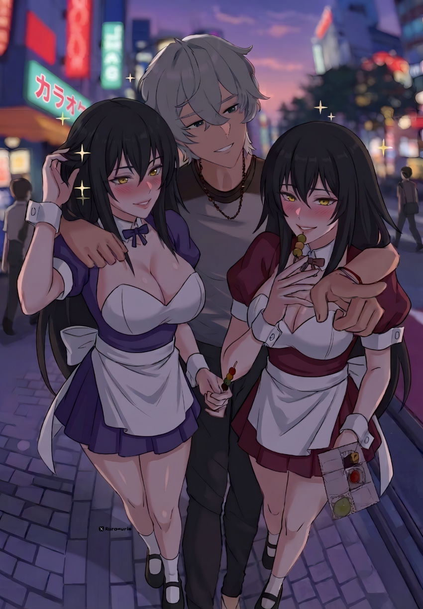 2girls before_sex black_hair blue_dress boy dating edit ficoemirrio gray_hair hi_res hibiki_(sekirei) highres hikari_(sekirei) huge_ass huge_breasts maid red_dress seductive seductive_look seductive_smile sekirei sisters symmetrical_docking twins wise_(zenless_zone_zero) zenless_zone_zero