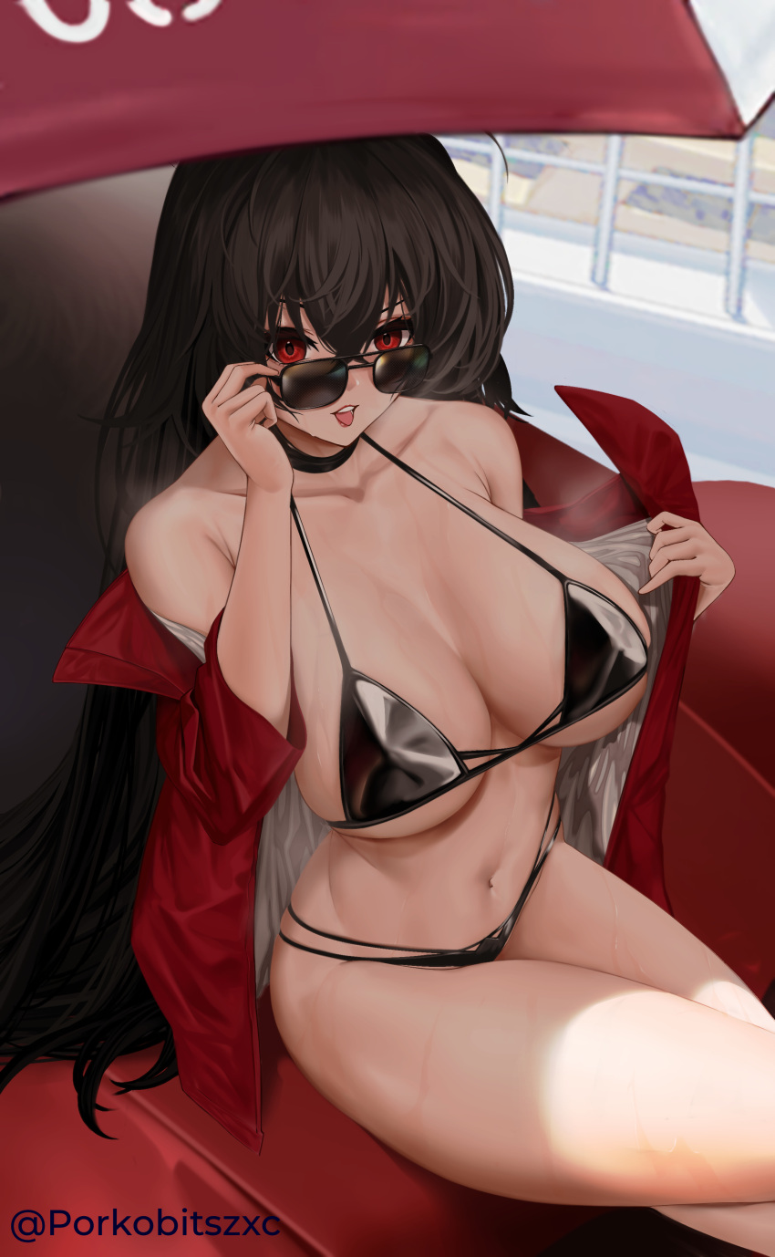 adjusting_eyewear adjusting_glasses adjusting_sunglasses azur_lane bangs bare_shoulders bikini bikini_pull black_bikini black_choker black_hair black_swimsuit blush breasts choker clavicle cleavage clothes_pull clothing curvaceous curvy_female day female female_only hair_between_eyes high_resolution holding holding_eyewear jacket large_breasts large_filesize light-skinned light-skinned_female long_hair looking_at_viewer looking_over_eyewear looking_over_glasses looking_over_sunglasses navel off_shoulder official_alternate_costume outdoors porko race_queen red_eyes red_jacket shiny_skin signature skindentation solo sunglasses swimsuit swimsuit_pull taihou_(azur_lane) taihou_(enraptured_companion)_(azur_lane) thighs tinted_eyewear very_high_resolution voluptuous