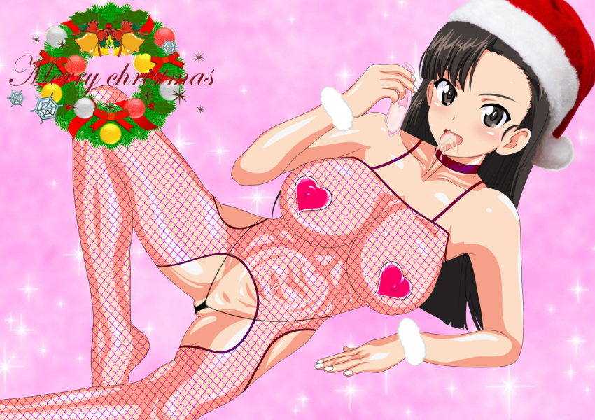 black_eyes black_hair blush breasts condom cum cum_in_mouth female girls_und_panzer large_breasts mevius9 navel nishi_kinuyo santa_hat solo used_condom