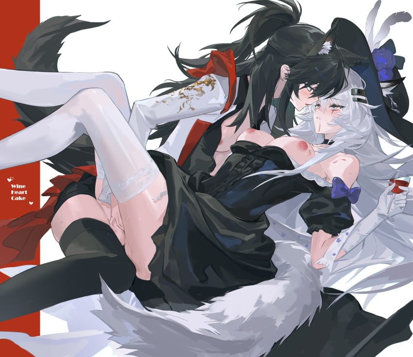 2girls absurdres alternate_costume animal_ear_fluff animal_ear_piercing animal_ears arknights black_dress black_hair black_hat black_thighhighs blue_eyes breasts breasts_out cup dress drinking_glass ears_through_headwear extra_ears eye_contact fingering gloves hair_ornament hairclip hat highres holding holding_cup lappland_(arknights) large_breasts long_hair long_sleeves looking_at_another medium_breasts meng_ziya multiple_girls nipples ponytail simple_background tail texas_(arknights) thighhighs white_background white_gloves white_hair white_thighhighs wine_glass wolf_ears wolf_girl wolf_tail yuri