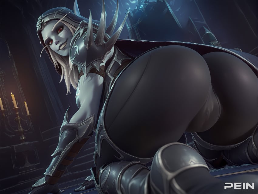 1girls ai_generated all_fours armor ass blonde_hair blue_skin boots breasts cameltoe candle colored_skin from_behind grey_skin hood long_hair looking_at_viewer looking_back pauldrons pein pointy_ears red_eyes shoulder_armor smile solo stable_diffusion sylvanas_windrunner undead world_of_warcraft