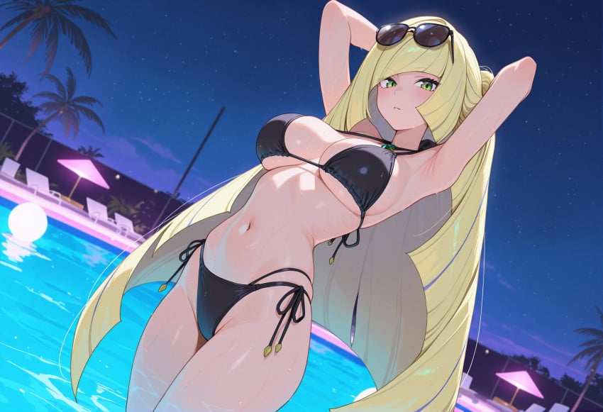 1girl 1girls ai_generated armpits arms_behind_head arms_up bangs beach big_breasts bikini black_bikini blonde_hair blush breasts cloud cowboy_shot dutch_angle eyewear_on_head female female_only full_moon green_eyes halterneck horizon large_breasts long_hair looking_at_viewer lusamine_(pokemon) moon navel night night_sky ocean outdoors palm_tree pokemon pokemon_sm pool poolside sand side-tie_bikini sky solo standing star_(sky) starry_sky string_bikini sunglasses swimsuit tie_bikini tree very_long_hair water