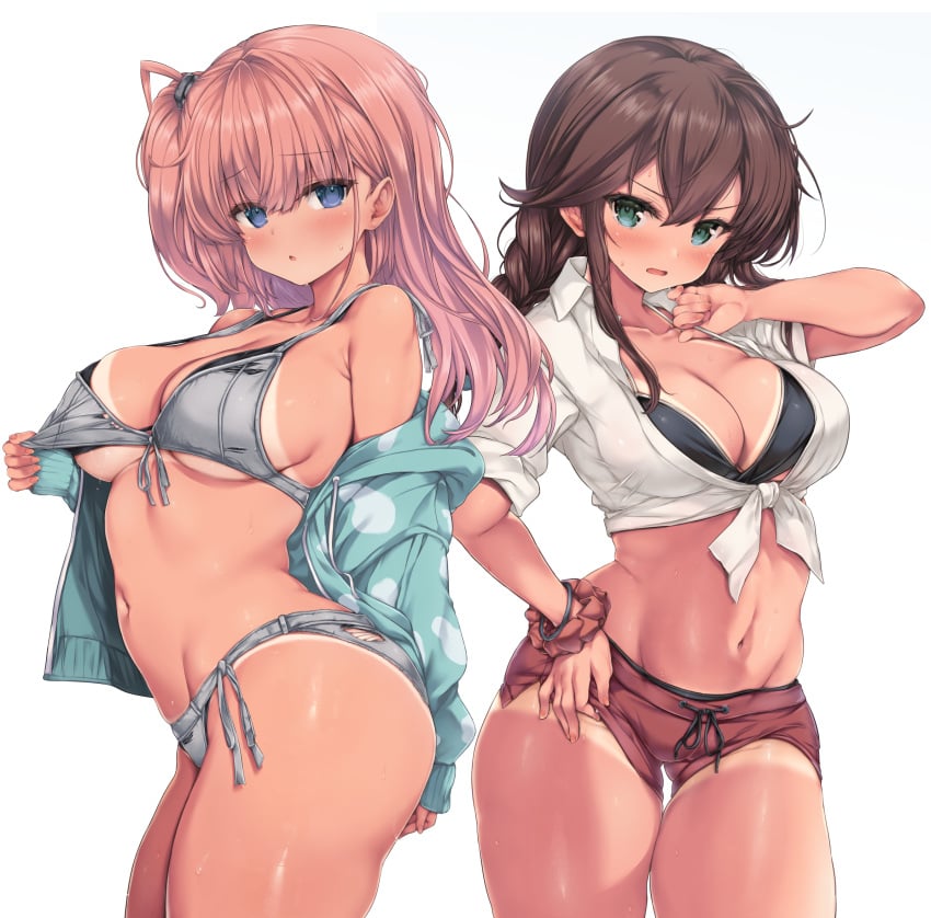 2girls aqua_eyes aqua_jacket armpit_crease atlanta_(kantai_collection) bare_shoulders bikini bikini_tan black_bikini blue_eyes bracelet braid breasts brown_hair cleavage collarbone collared_shirt cowboy_shot front-tie_bikini_top front-tie_top grey_bikini hair_between_eyes highres hood hood_down hooded_jacket jacket jewelry kantai_collection large_breasts layered_bikini lifting_own_clothes long_sleeves low_twin_braids multiple_girls navel nijimoto_hirok noshiro_(kantai_collection) off_shoulder official_alternate_costume one_side_up open_mouth pink_hair presenting_tanlines red_shorts scrunchie shirt shorts shorts_lift shorts_tan side-tie_bikini_bottom sideboob sleeves_rolled_up stomach swimsuit tan tanlines tied_shirt torn_bikini torn_clothes twin_braids underboob v-shaped_eyebrows white_shirt wrist_scrunchie