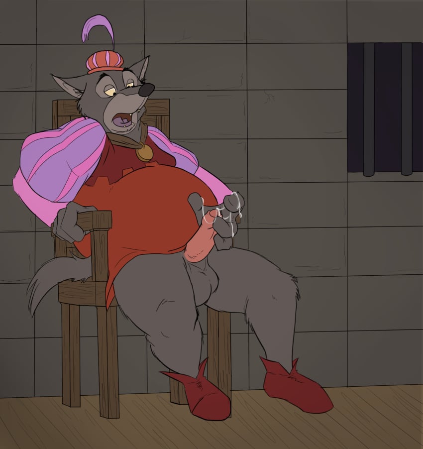 after_masturbation after_orgasm anthro balls bottomless canine chair clothed clothing cum cum_string disney flat_colors hi_res humanoid_penis looking_at_penis male male_only mammal open_mouth orgasm_face overweight partially_retracted_foreskin penis prison robin_hood_(disney) sheriff_of_nottingham sitting skunkjunkie solo uncut wolf