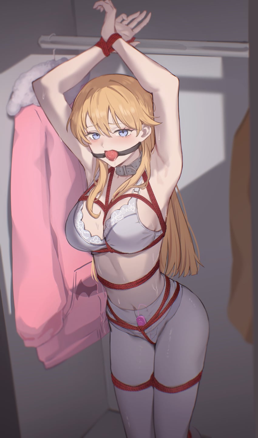 1girl absurdres armpits arms_up ball_gag bdsm blonde_hair blue_eyes bondage bound bound_arms bound_legs bra breasts collar crotch_rope drooling egg_vibrator gag gagged highres large_breasts long_hair looking_at_viewer navel original pantyhose sex_toy shibari shibari_over_clothes solo standing stomach tetsuffy_(tetsulul) underwear vibrator wardrobe white_bra white_pantyhose