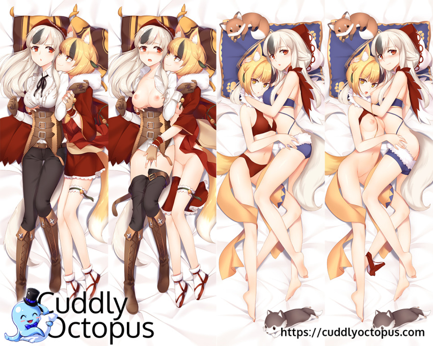 2girls animal_ears between_legs bikini breasts cuddly_octopus fingering fire_emblem fire_emblem_fates fox fox_ears fox_tail golden_hair grey_hair hand_between_legs kyuri_(405966795) multicolored_hair multiple_girls nipples selkie_(fire_emblem) swimsuit tail two_tone_hair undressing velouria_(fire_emblem) wolf_ears wolf_tail yuri