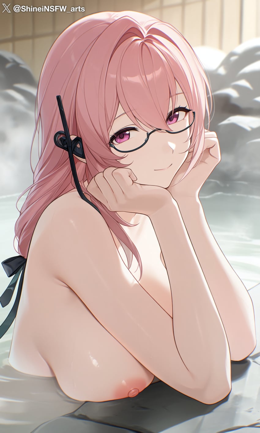 ai_generated artist_name bath blush female glasses large_breasts long_hair looking_at_viewer nipples nude onsen pink_hair shineinsfw shiny_skin smile solo sweat tsukishiro_yanagi water wet_skin zenless_zone_zero