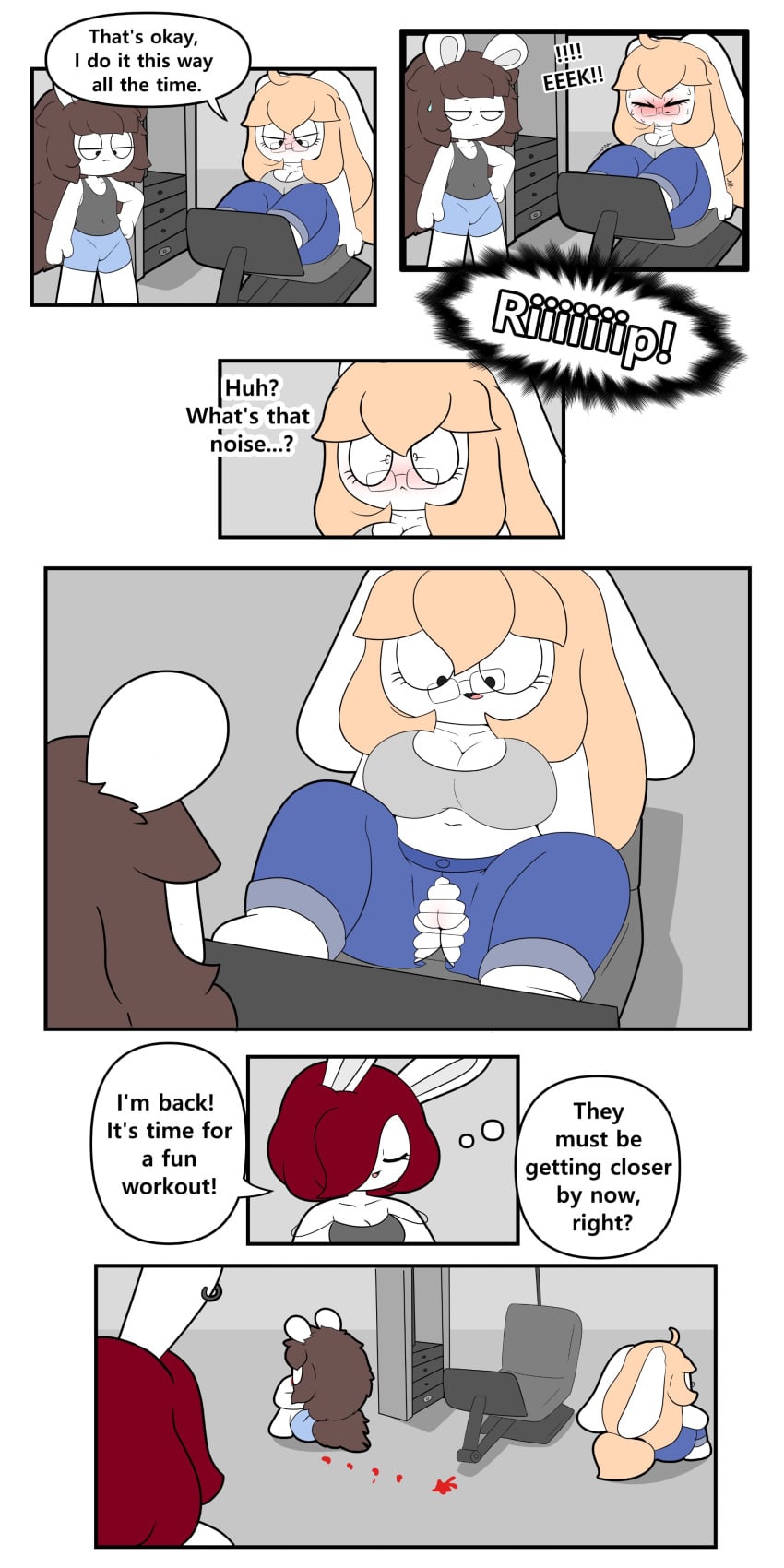 absurd_res anthro betty_(tonytoran) blood blue_bottomwear blue_clothing blue_shorts blush bodily_fluids bottomwear bra breasts brown_hair chinchilla chinchillid cleavage clothed clothing comic denim denim_bottomwear denim_clothing dialogue duo exposed eyelashes eyewear female genitals glasses grey_clothing grey_shirt grey_tank_top grey_topwear hair hi_res jeans lagomorph leporid long_hair male mammal navel nosebleed pants rabbit red_hair rodent shirt short_hair shorts speech_bubble sports_bra tan_hair tank_top text tony_(tonytoran) tonytoran topwear torn_clothing trisha_(tonytoran) underwear vulva workout_clothing workout_equipment