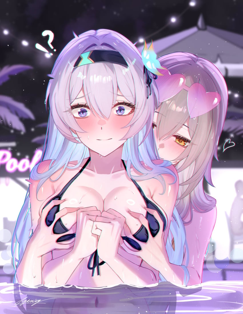 2girls breasts breasts_out exposed_breasts female firefly_(honkai:_star_rail) grabbing grabbing_another's_breast grabbing_another's_breasts grey_hair honkai:_star_rail honkai_(series) hoyoverse lesbian lightning0730 long_hair medium_breasts mihoyo multicolored_eyes multicolored_hair multiple_girls stelle_(honkai:_star_rail) sunglasses sunglasses_on_head yellow_eyes yuri