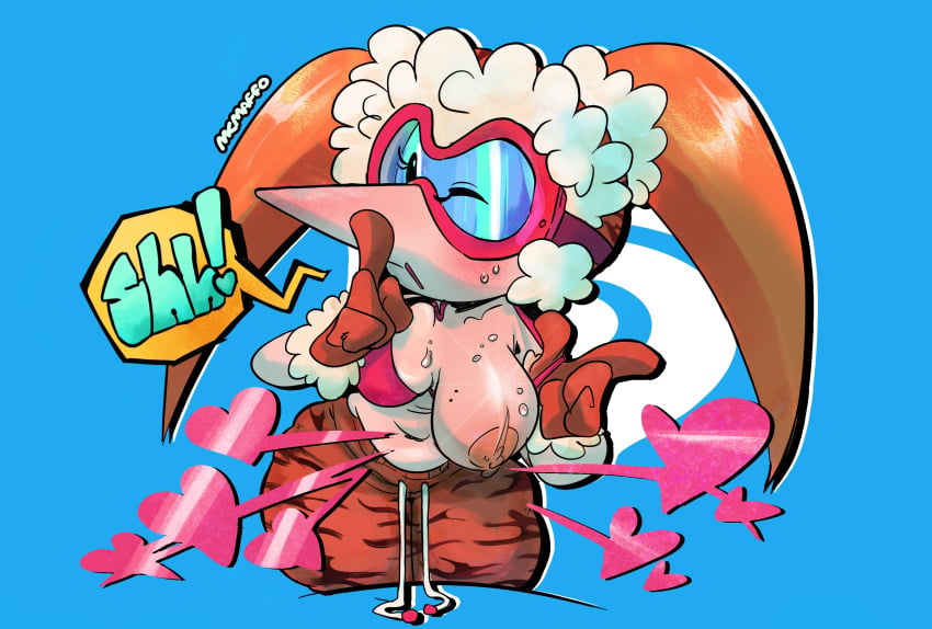 1girls anthro artist_name bare_shoulders beak bikini bikini_top_only blue-tinted_eyewear blue_background blue_outline blush body_fur bra breasts brown_gloves brown_pants closed_mouth clothes_pull clothing collarbone cowboy_shot english_text female finger_to_mouth flashing fur-trimmed_gloves furry furry_female gloves goggles half-closed_eye half-closed_eyes hand_up hands_up happy index_finger_raised large_breasts leaning_forward linda_maltinie long_hair looking_at_viewer mkmaffo mole mole_on_breast navel nipples no_shirt one_breast_out one_eye_closed open_mouth orange_hair pants pasties pink_bra pointy_ears pulled_by_self red_gloves scrunchie shiny_skin shushing sideways_mouth simple_background skirt snowboard_kids solo speech_bubble spoken_heart standing stomach sweat swimsuit talking tinted_eyewear twintails two-tone_fur underwear undressing white_outline wide_hips yellow_fur