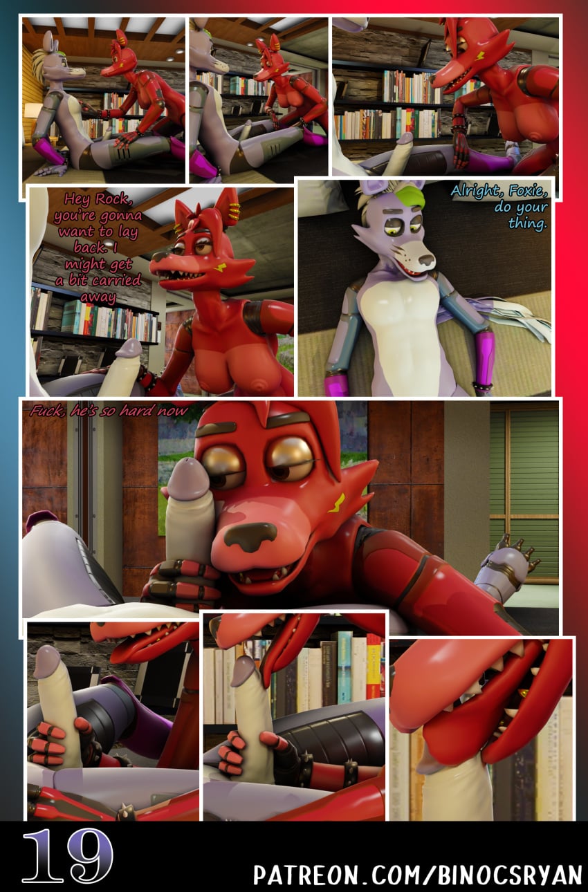 3d_(artwork) accessory animatronic anthro balls big_breasts blender_(artwork) blender_cycles_(artwork) breasts canid canine canis comic digital_media_(artwork) duo ear_piercing english_text erection fan_character fanmade_glamrock_foxy_(fnaf) female five_nights_at_freddy's five_nights_at_freddy's:_security_breach fox genitals glamrock_foxy_(fnaf) glans hair hi_res humanoid_genitalia humanoid_penis licking machine male male/female mammal nipples nude open_mouth oral penile penis penis_lick piercing robot roxanne_wolf scottgames sex simple_background steel_wool_studios tail teeth text tongue url wolf