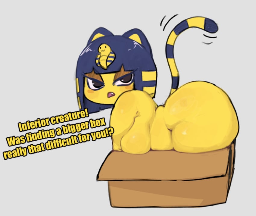 1girls animal_crossing animal_ears ankha ankha_(animal_crossing) anthro ass black_eyes blonde_hair blue_eyeshadow blue_hair blunt_bangs blush blush_stickers bob_cut body_fur box breasts cardboard_box cat_ears cat_girl cat_tail colored_skin completely_nude doubutsu_no_mori english_text eyeliner eyeshadow fang felid feline female from_side furry furry_female grey_background hair_ornament half-closed_eyes huge_ass in_box in_container large_breasts looking_at_viewer looking_back makeup motion_lines multicolored_hair nile_(doubutsu_no_mori) nude okgaki open_mouth shiny_skin short_hair shortstack simple_background snake_hair_ornament solo striped_tail tail tail_raised talking thick_thighs thighs yellow_fur yellow_skin