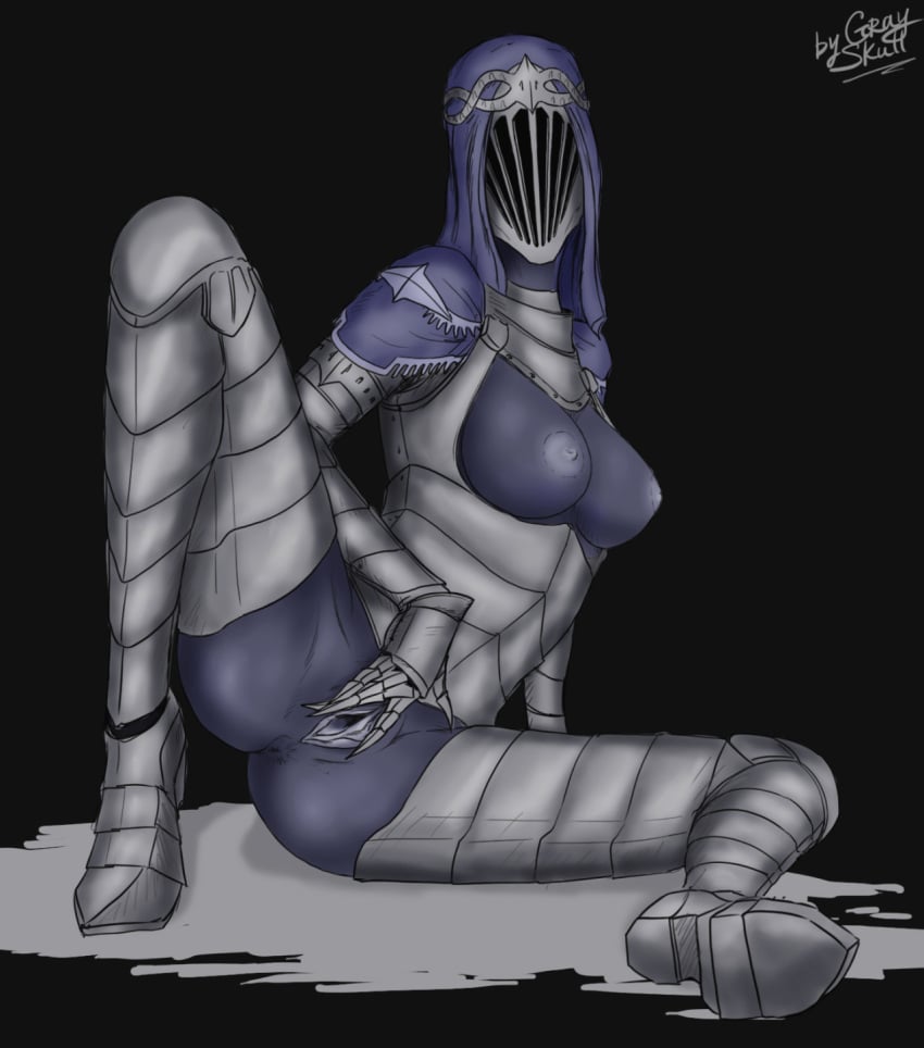 anus armor black_background blue_skin breasts dancer_of_the_boreal_valley dark_souls dark_souls_3 female fromsoftware gray_skull humanoid looking_at_viewer nipples pussy simple_background solo spread_pussy spreading video_games