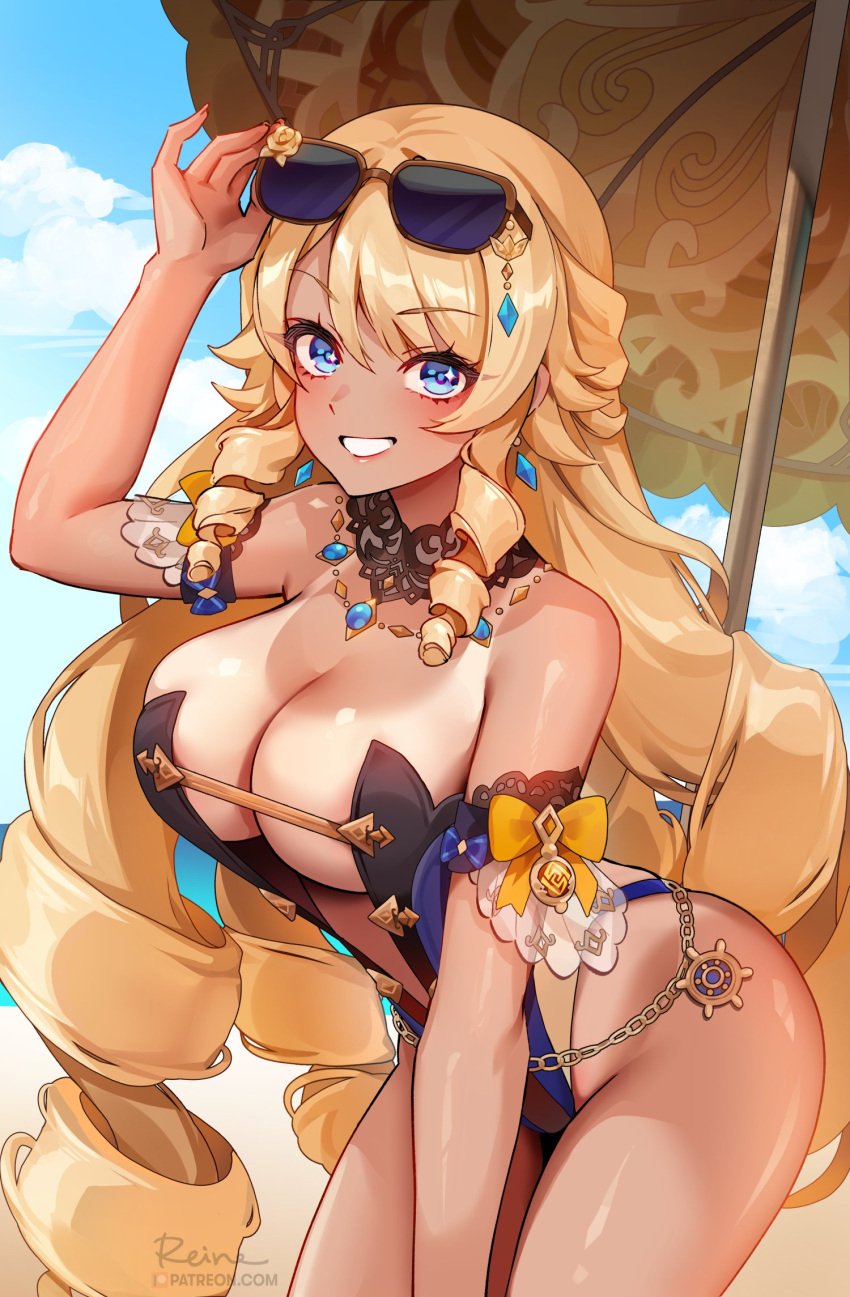 1girls blonde_hair blue_eyes breasts female foxy_rain_(foxyreine) foxyrain foxyrain_(foxyreine) foxyreine genshin_impact hi_res huge_breasts light-skinned_female light_skin long_hair navia_(genshin_impact) solo_female swimsuit tan tan-skinned_female tanned_skin