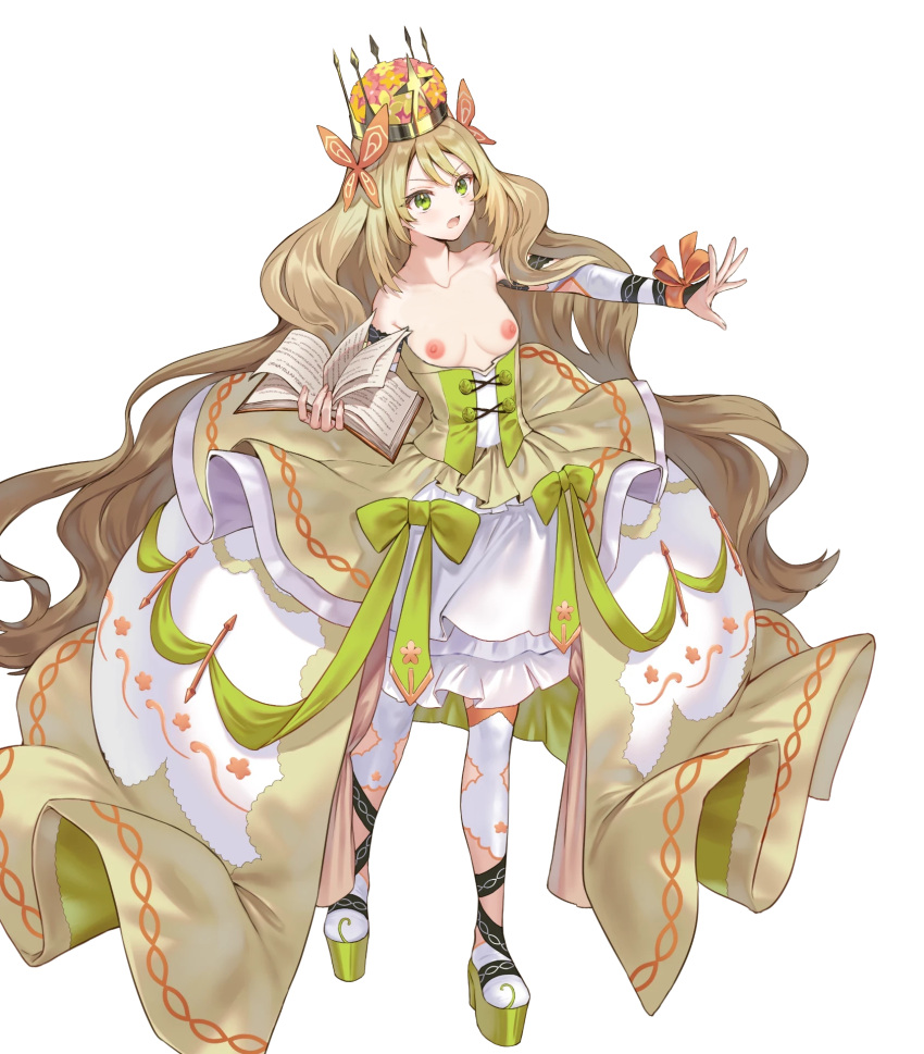 1girls bare_shoulders blonde_hair book breastless_clothes breastless_clothing breasts_out butterfly_hair_ornament buttons casual_nudity celine_(fire_emblem) criss-cross_halter crown dress edit female female_only fire_emblem fire_emblem_engage fire_emblem_heroes flat_chest full_body green_eyes hair_ornament halterneck hand_up highres holding holding_book horror_flight7830 jewelry long_hair looking_away nintendo nipples nude_filter open_book open_mouth overskirt platform_footwear princess ribbon short_dress skirt sleeveless sleeveless_dress solo thighhighs topless topless_dress very_long_hair white_background