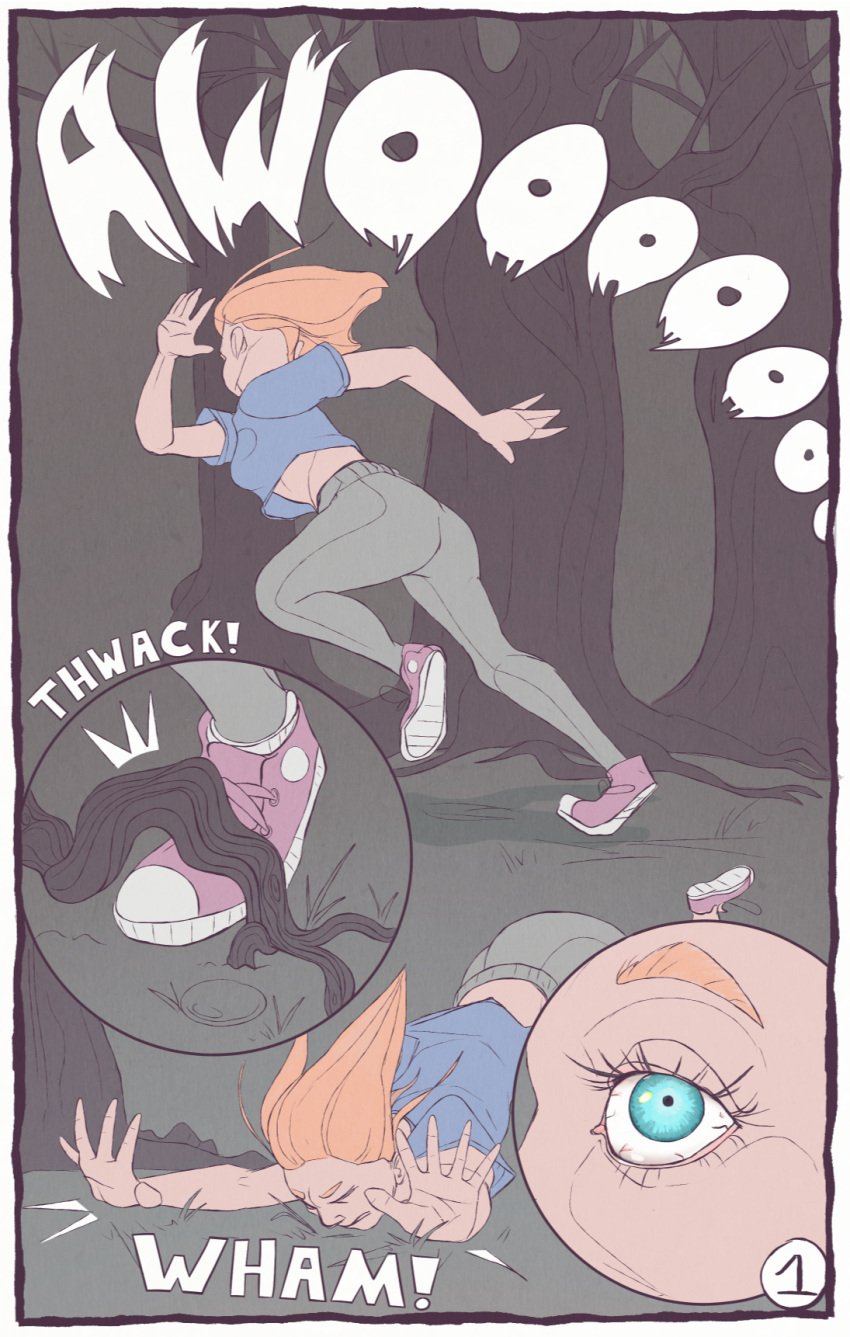 awoo blue_eyes chasing circumjacentity clothed clothing comic digital_media_(artwork) female flat_colors fleeing footwear forest grass hair hi_res howl human mammal onomatopoeia outside page_1 plant red_hair running scared shoes simple_background sneakers solo sound_effects text tree tripping