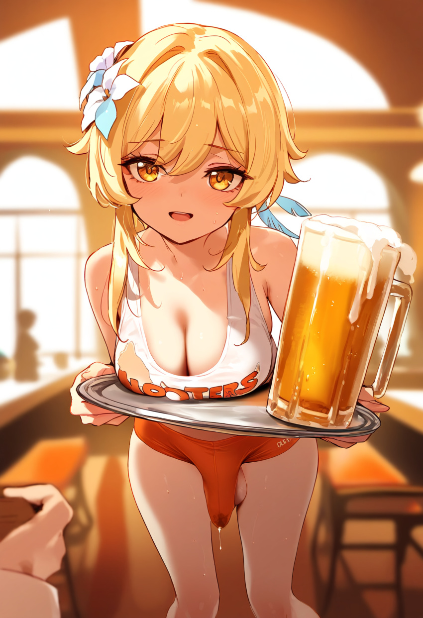 ai_generated beer blonde_hair bulge bulge_through_clothing cum cum_through_clothes cumdrip doseogwan ejaculation erection erection_under_clothes futa_only futanari genshin_impact handsfree_ejaculation looking_at_viewer lumine_(genshin_impact) open_mouth short_hair shorts smile sweat waitress