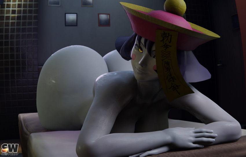 1girls 3d 3d_(artwork) artist_logo ass ass_focus blender blender_(software) blender_eevee blue_body blue_skin bottom_heavy breasts bubble_butt capcom completely_nude completely_nude_female curvaceous curvy curvy_body curvy_female curvy_figure darkstalkers hat_only hsien_ko jiangshi large_ass lei-lei lei_lei looking_at_viewer lying massage_table nude on_front short_hair smile smiling_at_viewer snippwapp solo solo_female solo_focus vampire_savior voluptuous yellow_eyes