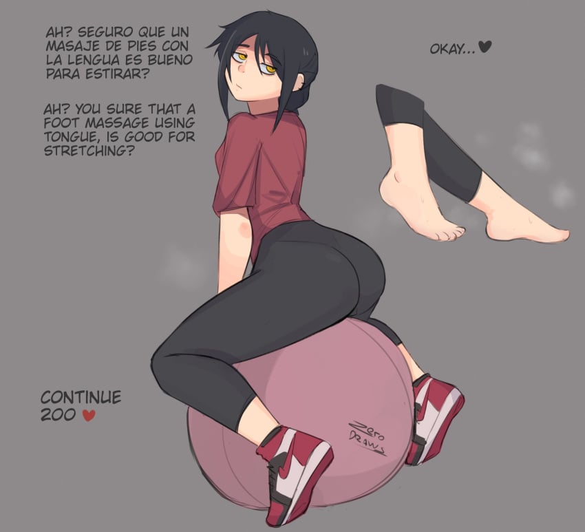 2023 ass chainsaw_man dialogue english_text feet foot_fetish leggings looking_at_viewer looking_back nayuta_(chainsaw_man) sneakers spanish_dialogue spanish_text yoga_ball yoga_pants zero_dead_zone