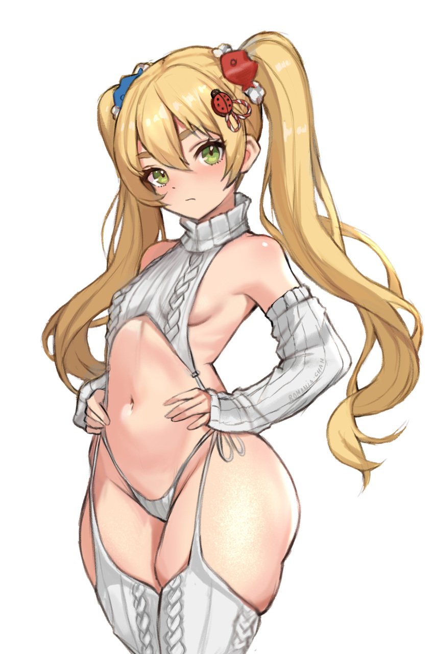 blonde_hair female green_eyes highres indie_virtual_youtuber meme_attire pear-shaped_figure pear_shaped romania romania-chan_(artist) romania_chan solo sweater thick_thighs thighs twintails virgin_destroyer_sweater virtual_youtuber vtuber