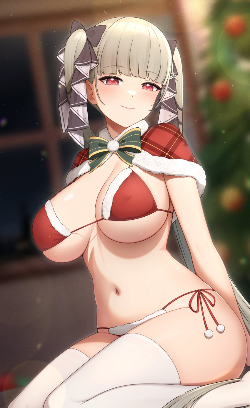 1girls azur_lane belly_button blush breasts christmas christmas_outfit christmas_tree clothed clothing eyebrows_visible_through_hair female female_only formidable_(azur_lane) grey_hair hair_ornament huge_breasts indoors light-skinned_female light_skin looking_at_viewer red_eyes royal_navy_(azur_lane) skimpy_clothes smile solo stockings tree twintails white_stockings yisusjpl