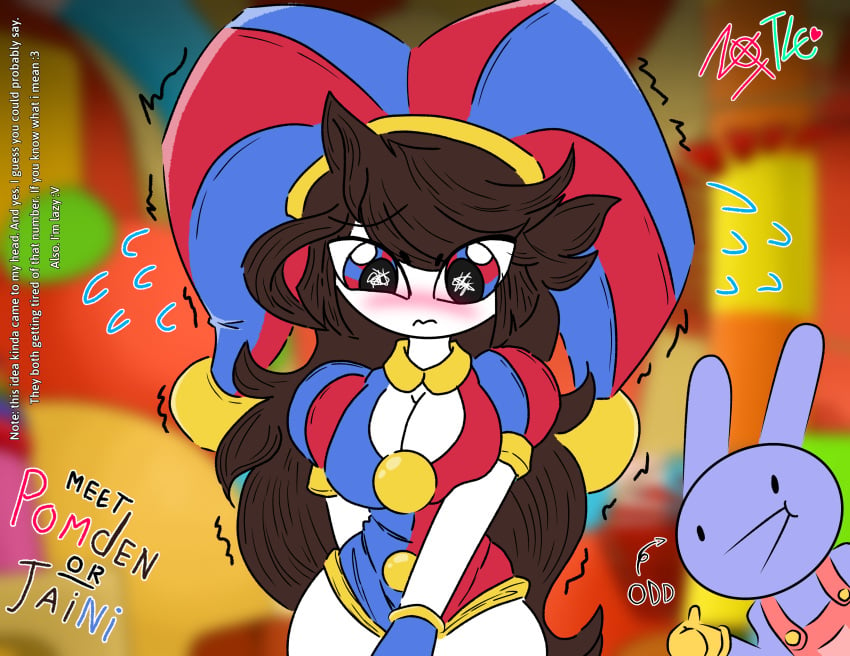 1boy 1boy1girl 1girls :v big_breasts black_eyes blue_eyes blush boob_window brown_hair cosplay crossover embarrassed jaiden jaiden_animations jaidenanimations jax_(the_amazing_digital_circus) jester_girl jester_hat jester_outfit nervous nervous_face not_tlc odd_one_out pomni_(the_amazing_digital_circus) red_and_blue_eyes red_eyes sfw shaking the_amazing_digital_circus theodd1sout theodd1sout_(character) thick_thighs white_skin