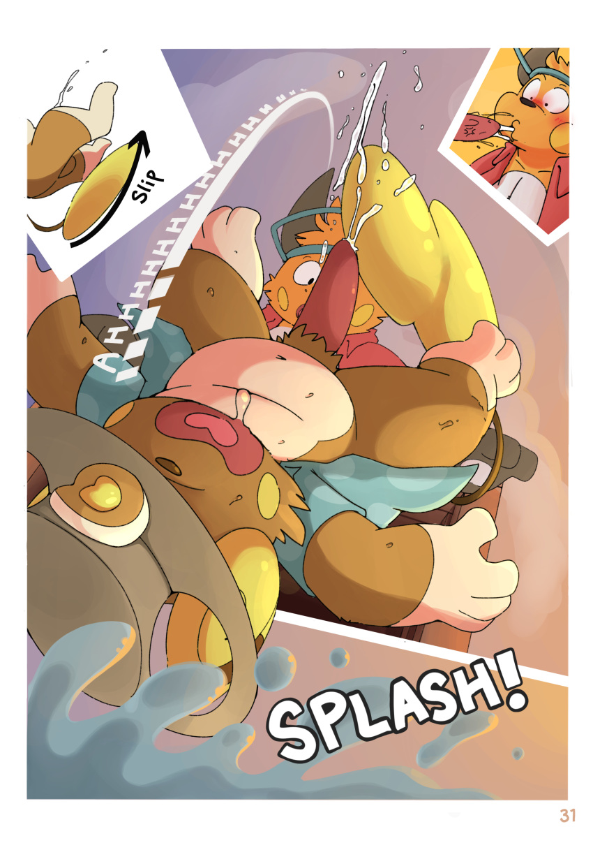 absurd_res alolan_form alolan_raichu anthro balls blush bodily_fluids clothed clothing comic comic_panel cum cumshot duo ejaculation falling generation_1_pokemon genital_fluids genitals gralicbutter hat headgear headwear hi_res male male/male nintendo penis pokemon pokemon_(species) raichu regional_form_(pokemon) slipping splash sweat tapering_penis