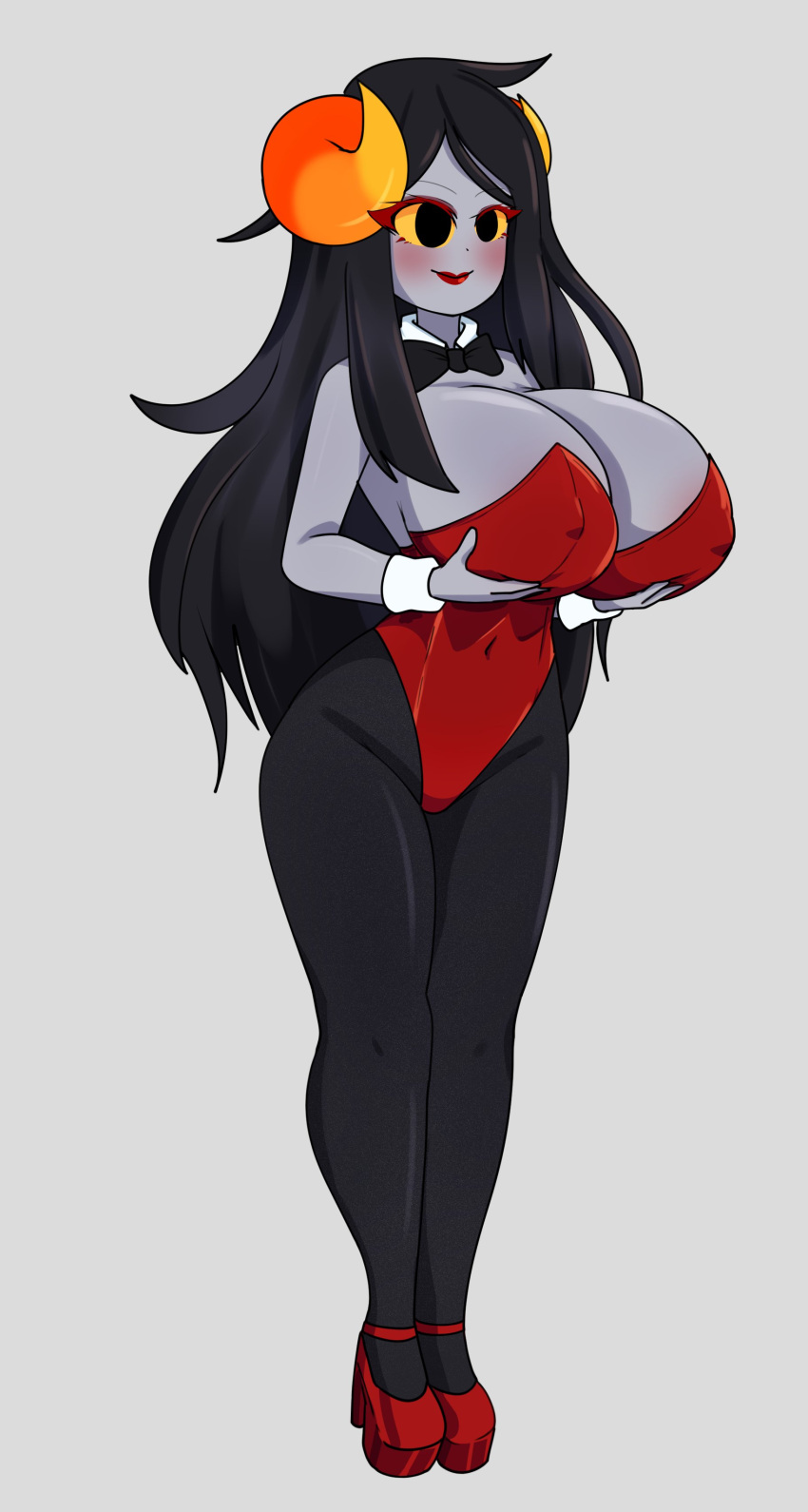 aradia_megido black_hair bunnysuit female homestuck horns large_breasts leggings long_hair phasmomo red_bunnysuit red_heels