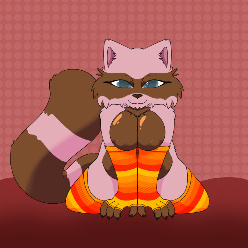 1:1 anthro breasts clothing female hi_res legwear mammal poppy_(skellyroon) procyonid raccoon simple_background sitting skellyroon solo stockings