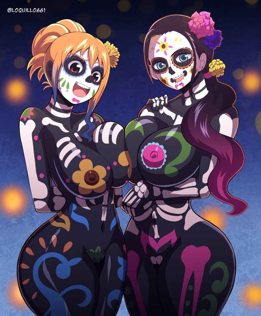 2d 2girls ass big_areolae big_ass big_boobs big_breasts big_butt black_body black_hair body_paint bodypaint bubble_ass bubble_butt cosplay day_of_the_dead dia_de_los_muertos excited female female_only flower_in_hair long_hair loquillo multiple_girls nami nami_(one_piece) nico_robin one_piece orange_hair pink_nipples post-timeskip pussy sagging_breasts thick_thighs