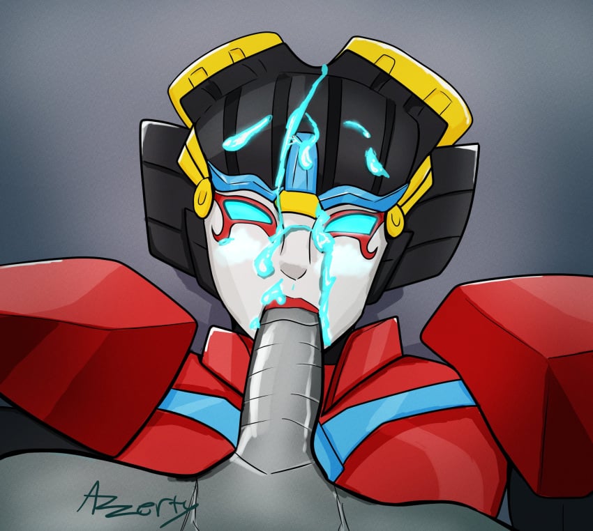 1boy 1robot_girl 2d azzertyimages blowjob blue_cum blue_eyes fellatio penis red_lipstick robot robot_girl robot_humanoid sucking_penis transformers watermark windblade