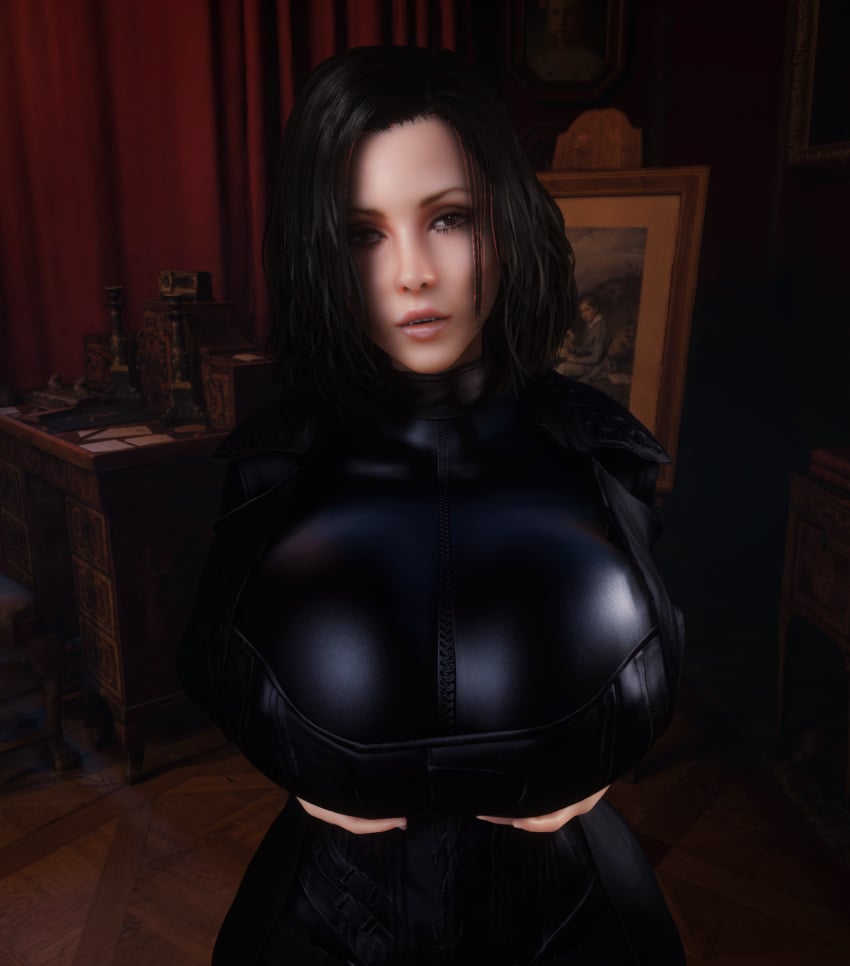 1girls 3d 3d_(artwork) alternate_breast_size black_bodysuit black_hair bodysuit breast_support breasts_bigger_than_head breasts_bigger_than_torso chair clothed clothed_female corset desk female female_only female_solo fully_clothed gigantic_breasts hair_over_one_eye hands_under_breasts hourglass_figure huge_breasts kate_beckinsale looking_at_viewer selene_(underworld) shiny shiny_clothes skin_tight small_waist solo solo_female thin_waist top_heavy underworld upper_body vaako vampire vampire_girl wasp_waist wide_hips