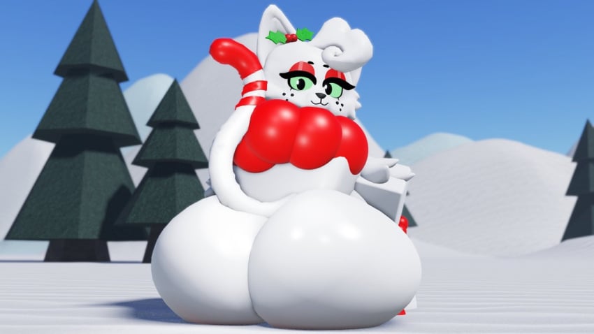 1girls 3d anthro big_ass body_fur caffinatedbuns cat christmas feline female female_only furry holidays holly_(plant) junipurr red_fur roblox robloxian sky snow solo tagme white_fur