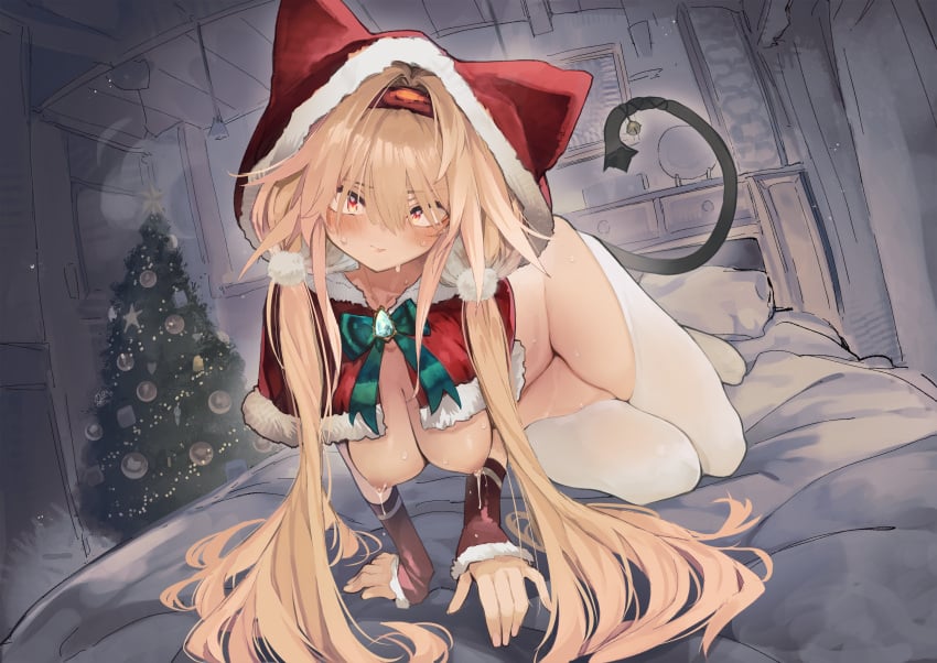 bed blonde_hair bowtie breasts cat_ears cat_tail christmas christmas_outfit christmas_tree hairband hood hooded_cloak hyocorou lactating lactation milk nipples original original_character pillow red_eyes sweat thighhighs