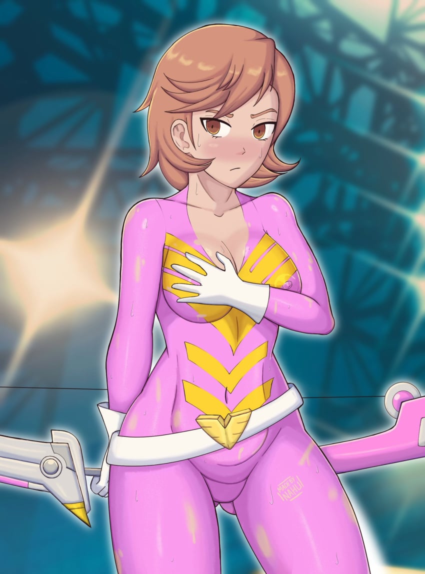 1girls big_breasts bodypaint breasts brown_eyes brown_hair female female_only hand_on_breast large_breasts light-skinned_female light_skin megami_tensei nahusmash nipples painted_clothes persona persona_3 persona_4_arena_ultimax short_hair thighs yukari_takeba