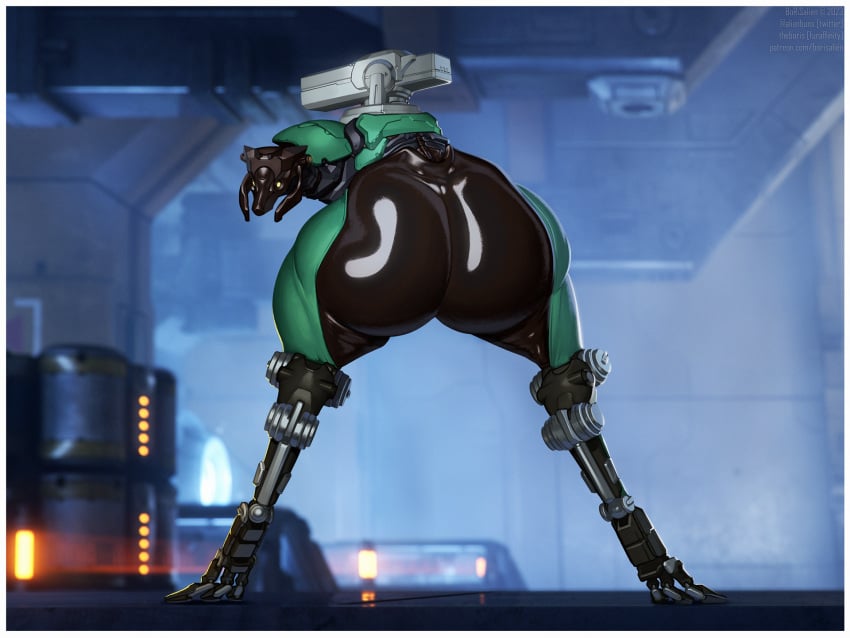 3_toes ass big_butt biped black_body borisalien corpus digitigrade feet female feral genitals green_body gun hi_res huge_butt looking_back machine moa_(warframe) mounted_gun multicolored_body not_furry ranged_weapon rear_view robot solo thick_thighs toes two_tone_body warframe weapon