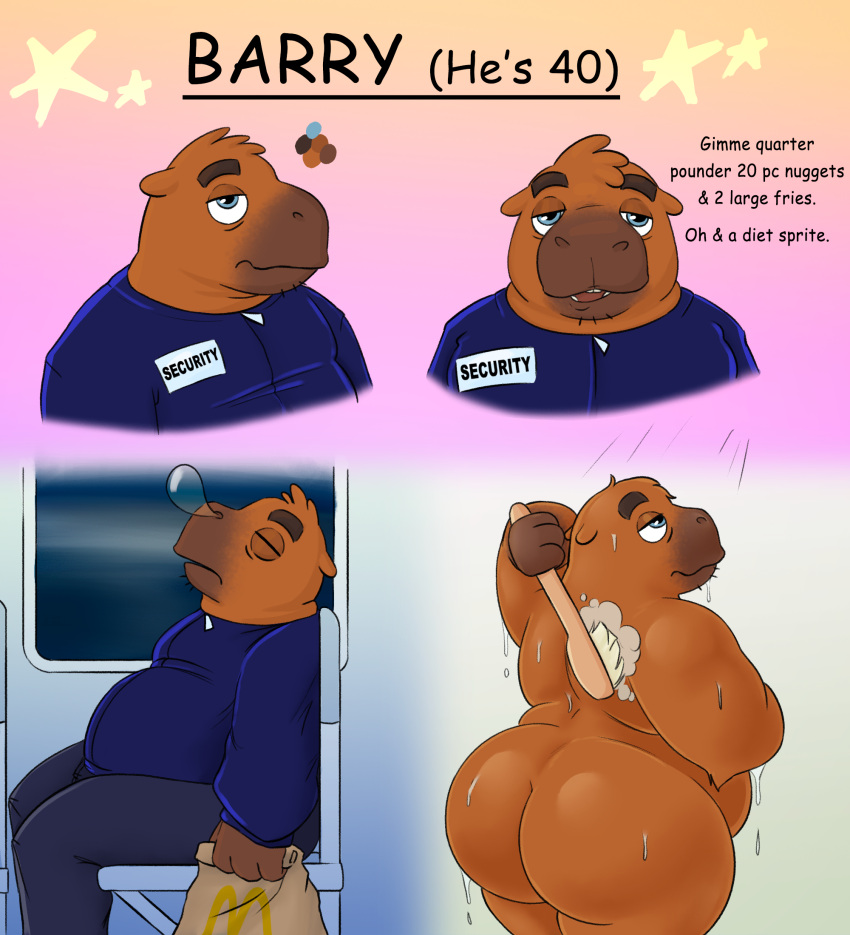 anthro ass barry_(nood1e) bathing big_butt capybara caviid chubby_anthro chubby_male english_text hi_res male male/male mammal mcdonald's nood1e nude obese obese_anthro obese_male old overweight overweight_anthro overweight_male rodent security security_guard showering sleeping solo tailless text tired_eyes wet