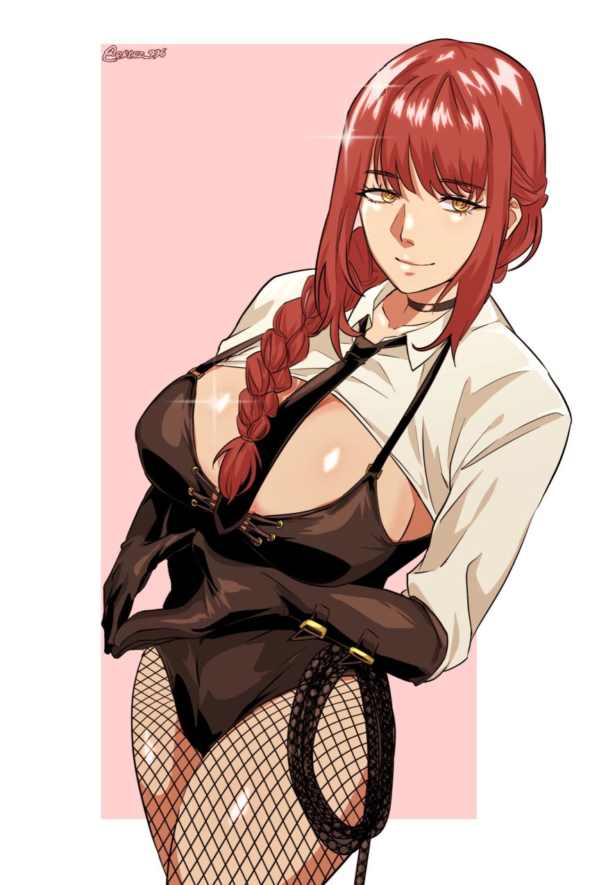 1girls big_breasts braid breasts chainsaw_man choker cleavage clothing female female_only fishnet fishnet_legwear fishnets hair huge_breasts jerukperas legwear makima_(chainsaw_man) necktie neckwear red_hair shirt smile solo solo_female white_shirt yellow_eyes