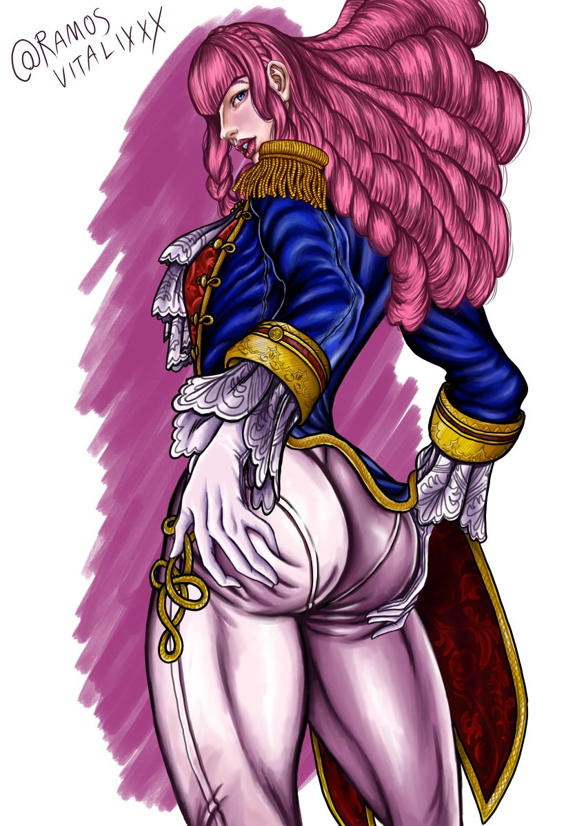 1girls alternate_costume alternate_hairstyle big_ass big_butt blue_eyes blue_shirt epaulettes female french glove gloved_hands gloves grabbing grabbing_ass grabbing_own_ass long_hair long_nose looking_at_viewer looking_back looking_down manon_legrand military military_uniform pink_background pink_hair pink_lips pink_lipstick ramosvitalixxx street_fighter street_fighter_6 underwear white_panties white_pants